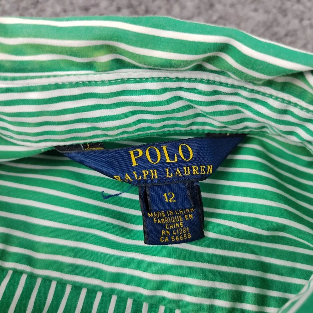 Polo Ralph Lauren Girls Green White Striped Button Down Shirt Dress Size 12